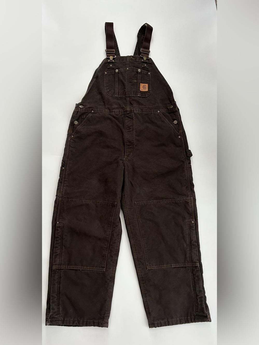 Vintage Carhartt R27 DKB Sandstone Duck Bib Overall Quilt Lined Knee Patch
40x28